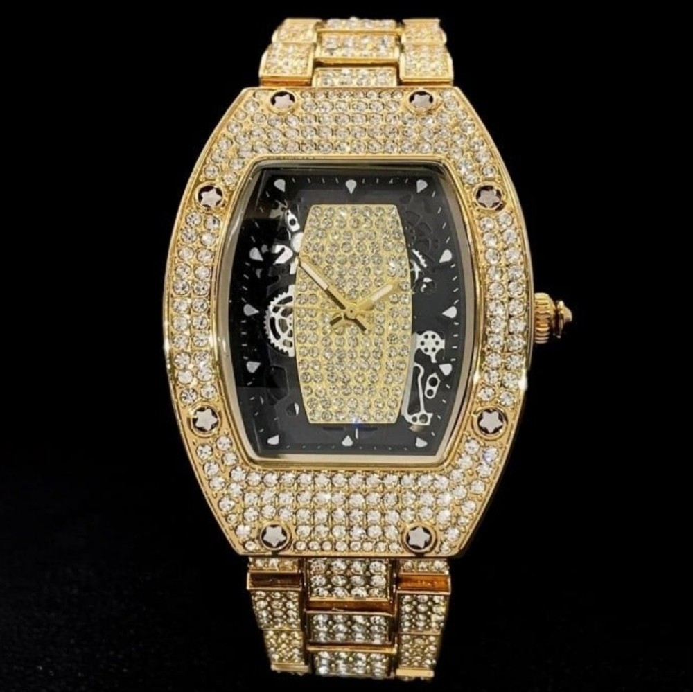 Mens Goldplated Iced Out Simulated Diamond Waterproof Quartz Movement Watch